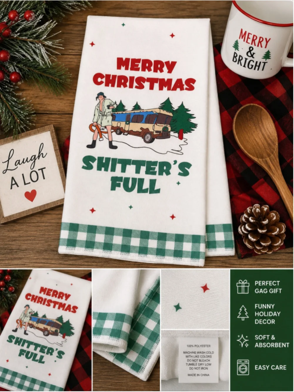Funny Christmas Kitchen Towel “Merry Christmas Shitter’s Full” Holiday Dish Towe